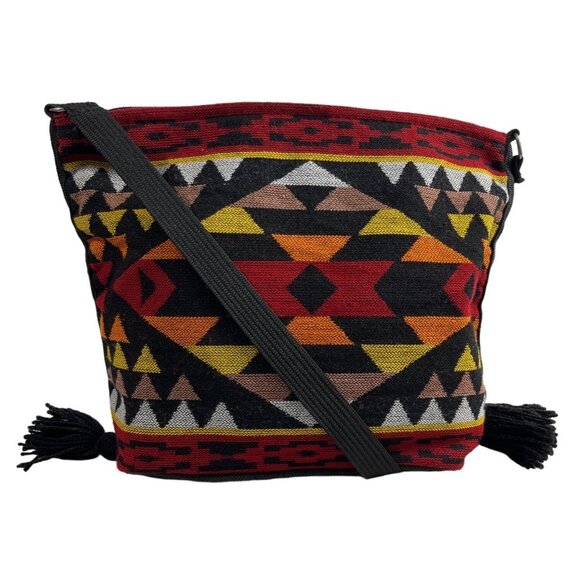 Women's Red and Black Southwest Tribal Print Bucket Bag Sz M - Picture 2 of 6